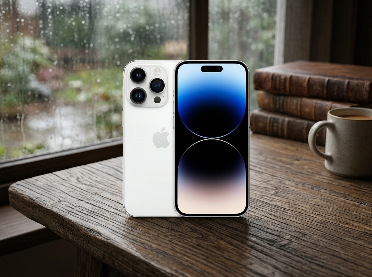 Un iPhone photographié sur une table en bois, éclairage naturel, style photographie de produit.