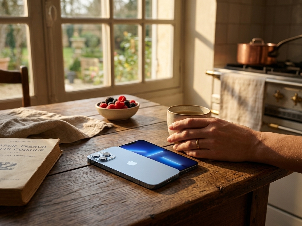 Un iPhone posé sur une table en bois près d'une tasse, de fruits et d'un livre, éclairage naturel, style publicitaire.