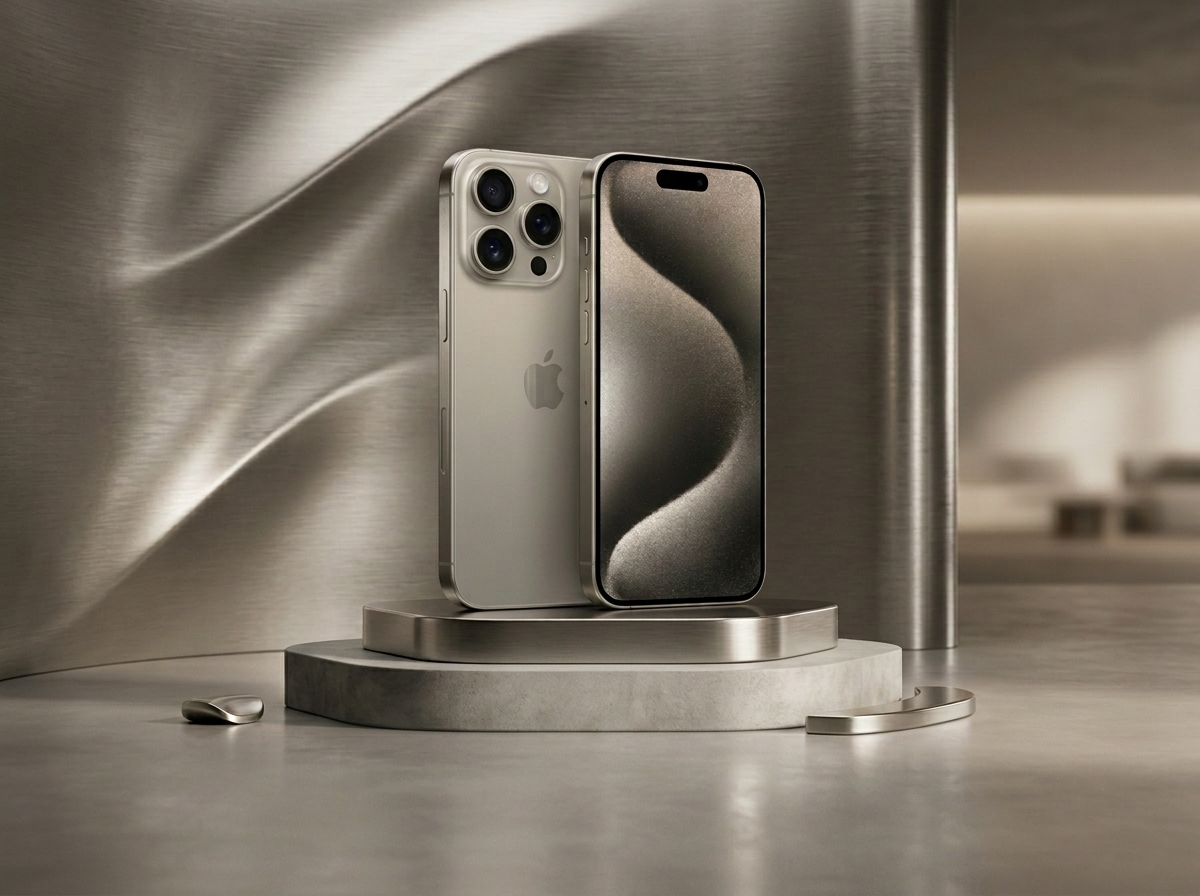 Smartphone Apple iPhone avec triple capteur photo, posé sur un socle devant un fond métallique.
