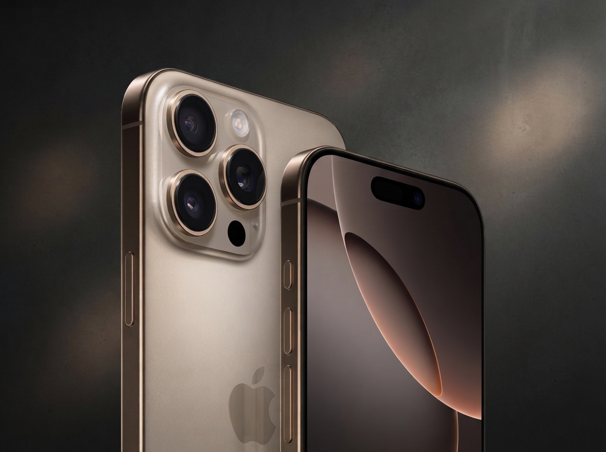 Vue arrière et avant d'un iPhone avec triple capteur photo sur fond sombre.