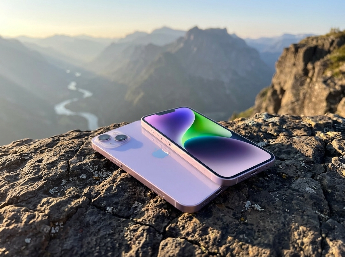 Un iPhone violet photographié sur un rocher en montagne, éclairage naturel, style photographie de produit.