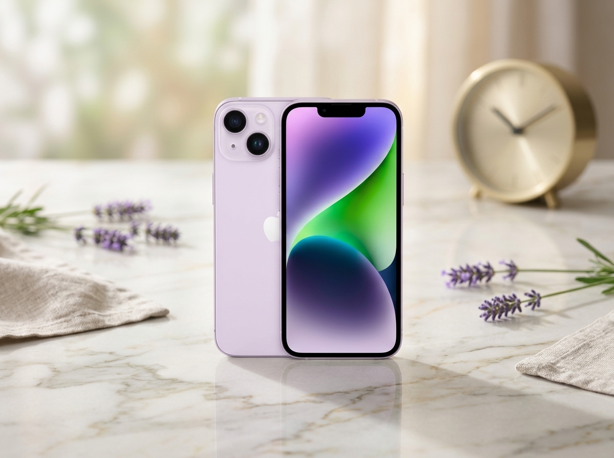 Smartphone violet posé sur une table en marbre avec une horloge et des brins de lavande en arrière-plan.