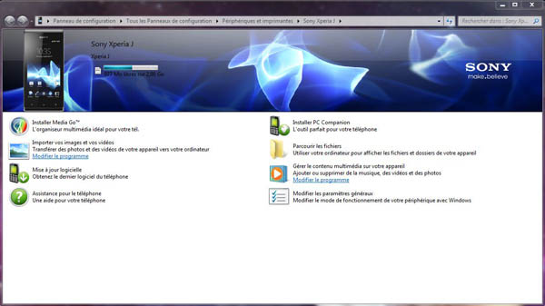 Sony Xperia J : interface PC