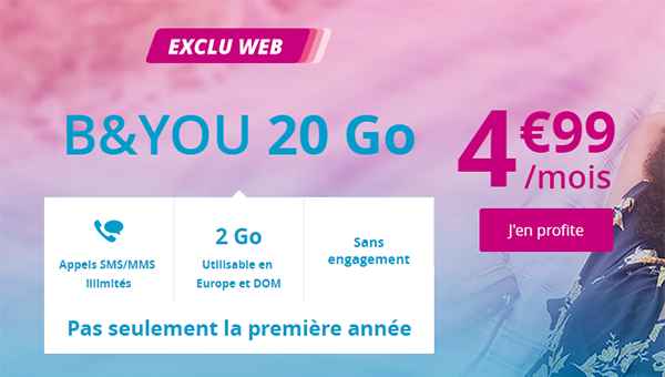 Le forfait mobile B&You 20 Go à 4,99 euros par mois à vie