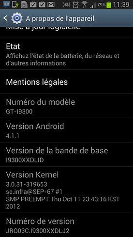 Capture d'écran Samsung Galaxy S3 mise à jour sous Android 4.1 Jelly Bean