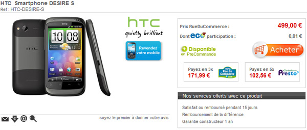 HTC Desire S disponible en précommande à 499 euros