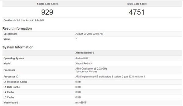 Le Xiaomi Redmi 4 apparaît sur Geekbench