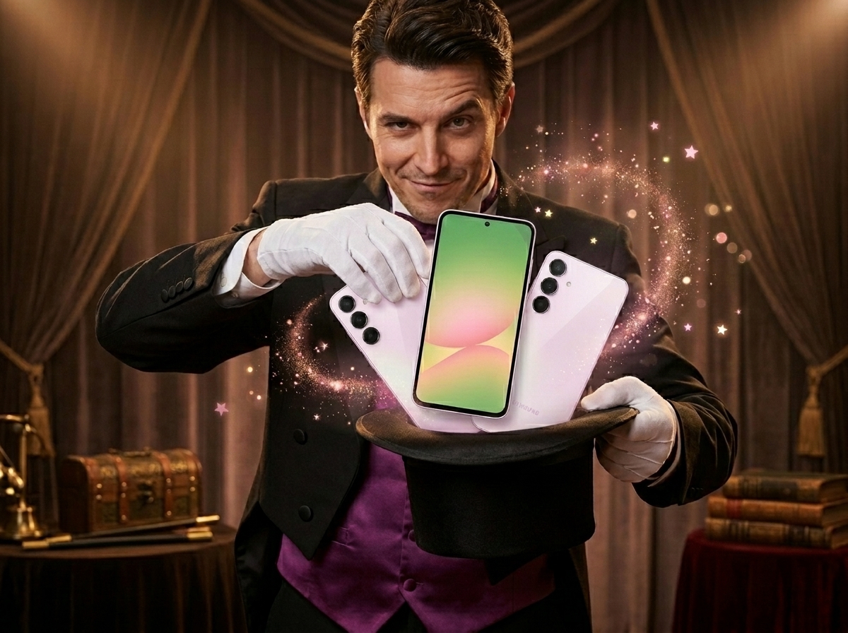 Un magicien en costume sort des smartphones Samsung Galaxy A56 d'un chapeau haut-de-forme.