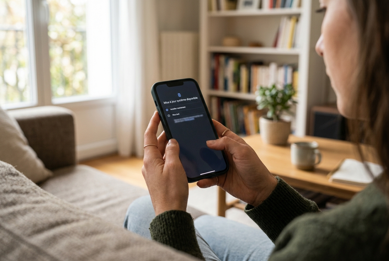 Une personne tient un smartphone affichant une notification de mise à jour logicielle dans un intérieur.