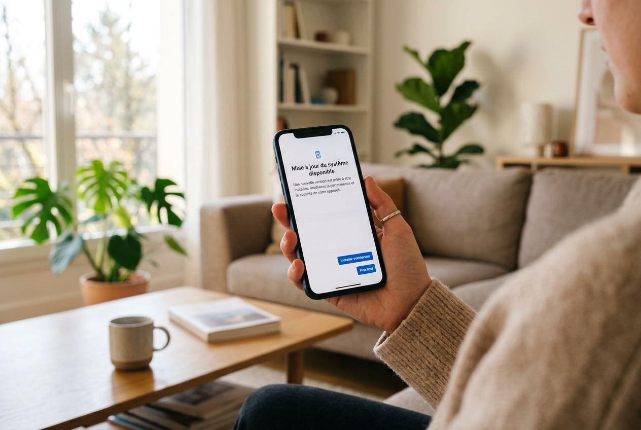 Une main tient un smartphone affichant une notification de mise à jour système dans un intérieur lumineux.
