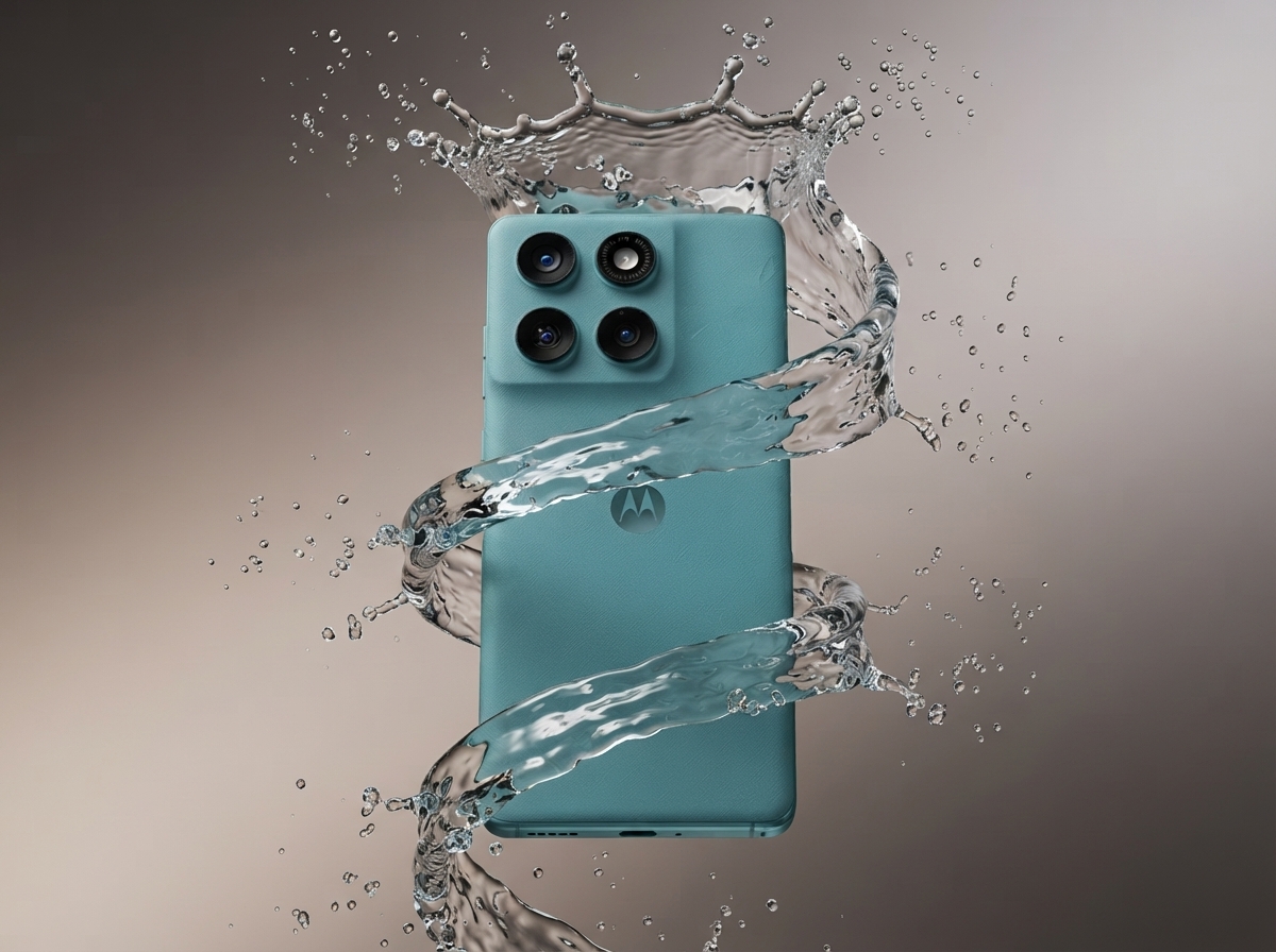 Dos du smartphone Motorola Edge 60 Fusion entouré d'un tourbillon d'eau sur fond gris.