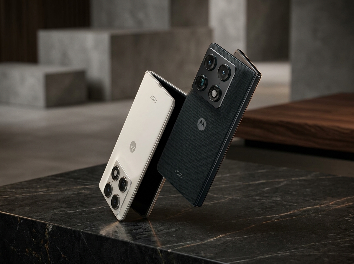 Un smartphone Motorola Razr blanc et noir photographié sur une table en pierre, éclairage studio, style publicitaire.