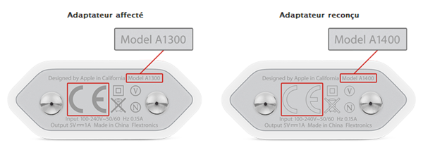 Apple remplace les adaptateurs secteur USB vendus avec les iPhone 3GS, 4 et 4S avant 2012