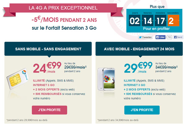 Bouygues Telecom : le Forfait Sensation 4G 3Go à 24,99€ (vente flash)