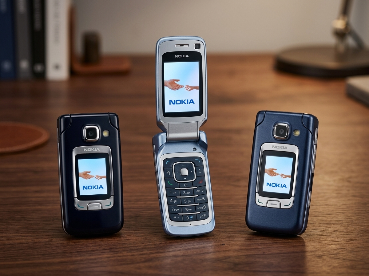 Trois téléphones Nokia à clapet posés sur une table en bois, éclairage diffus, photographie de produit.