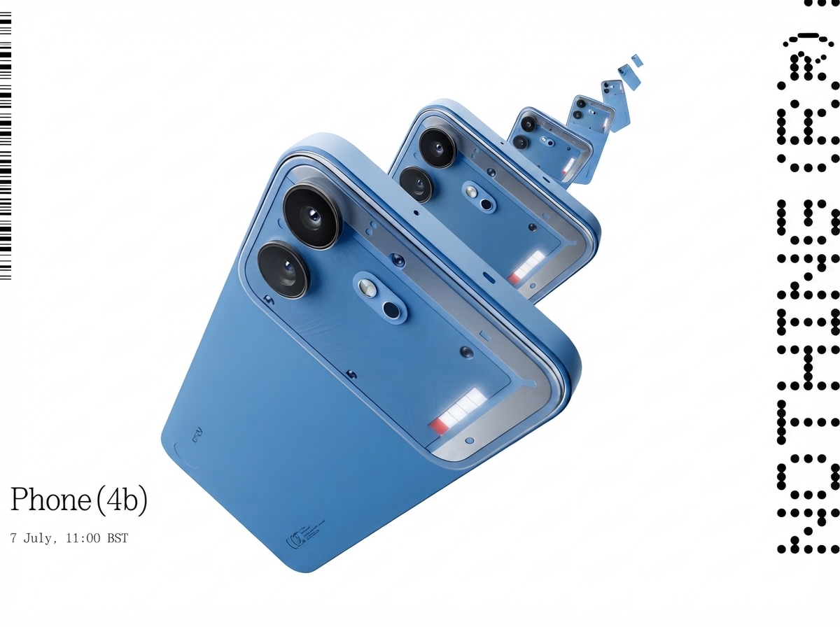 Plusieurs smartphones Nothing Phone (4b) bleus disposés en perspective avec la date du 7 juillet affichée.