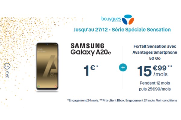 Bon plan : le Samsung Galaxy A20e à seulement 1€ avec le forfait Sensation 50Go de Bouygues Telecom