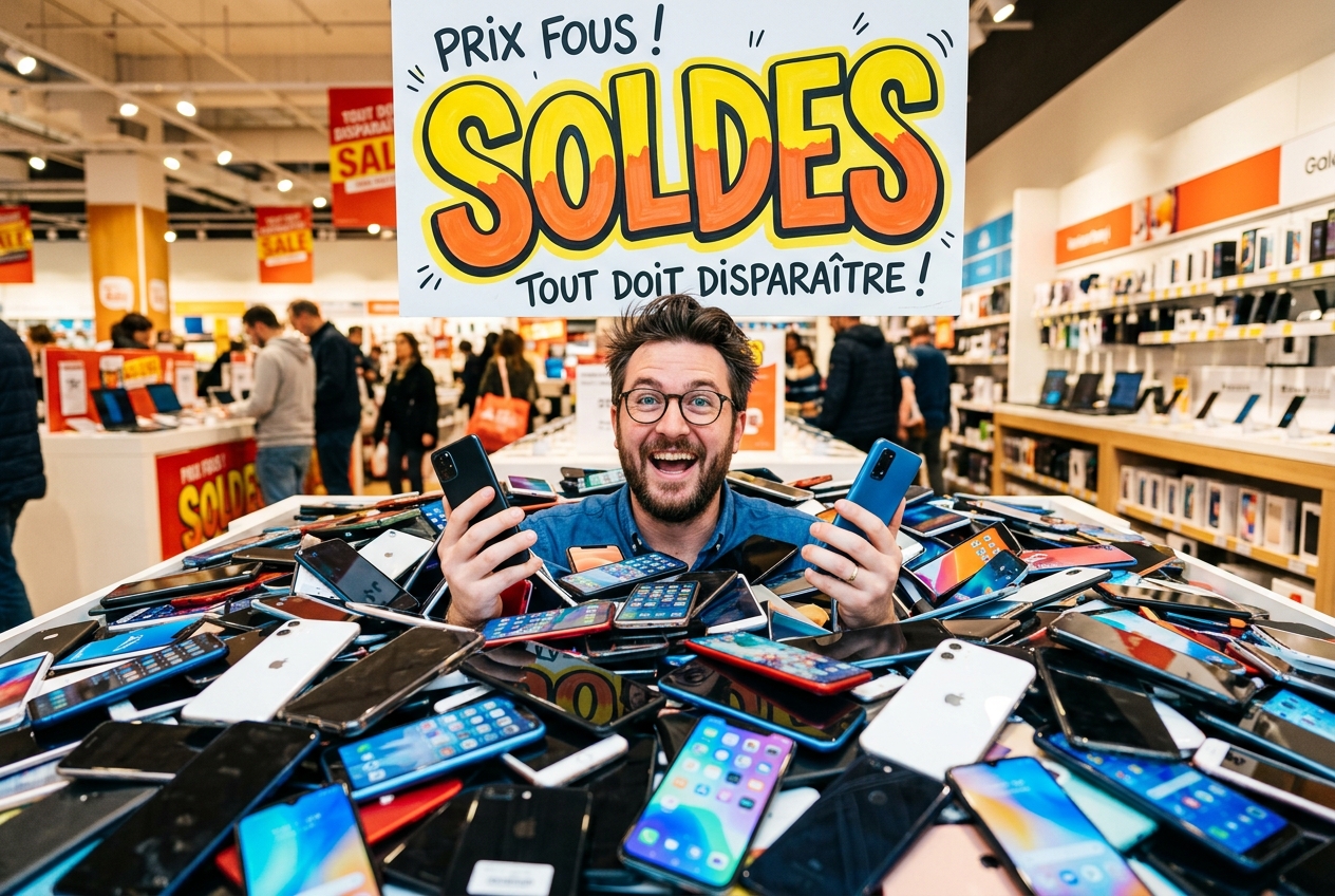 Une personne entourée de smartphones.