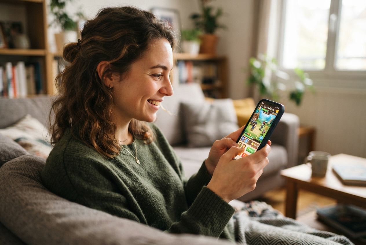 Une personne tient un smartphone et joue à un jeu mobile.