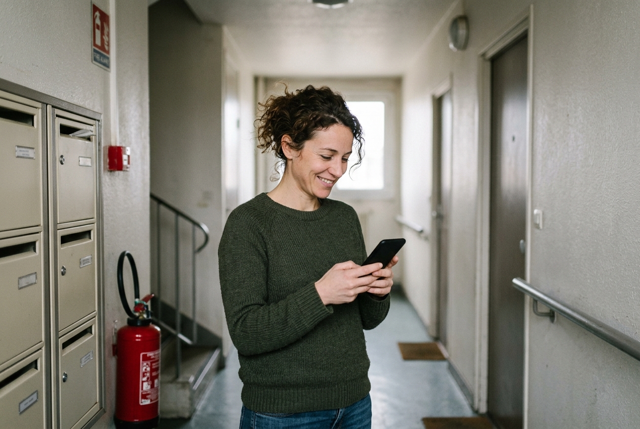 Une personne utilise un smartphone dans un intérieur sobre.