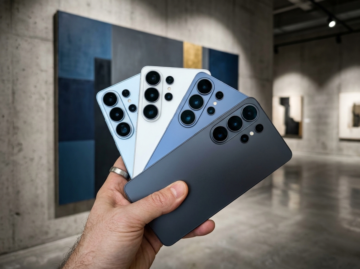 Main tenant quatre smartphones de couleurs différentes dans une galerie d'art, éclairage intérieur, photographie produit.