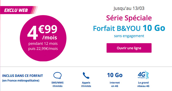 Bouygues Telecom : le forfait B&YOU 10 Go est à 4,99 euros