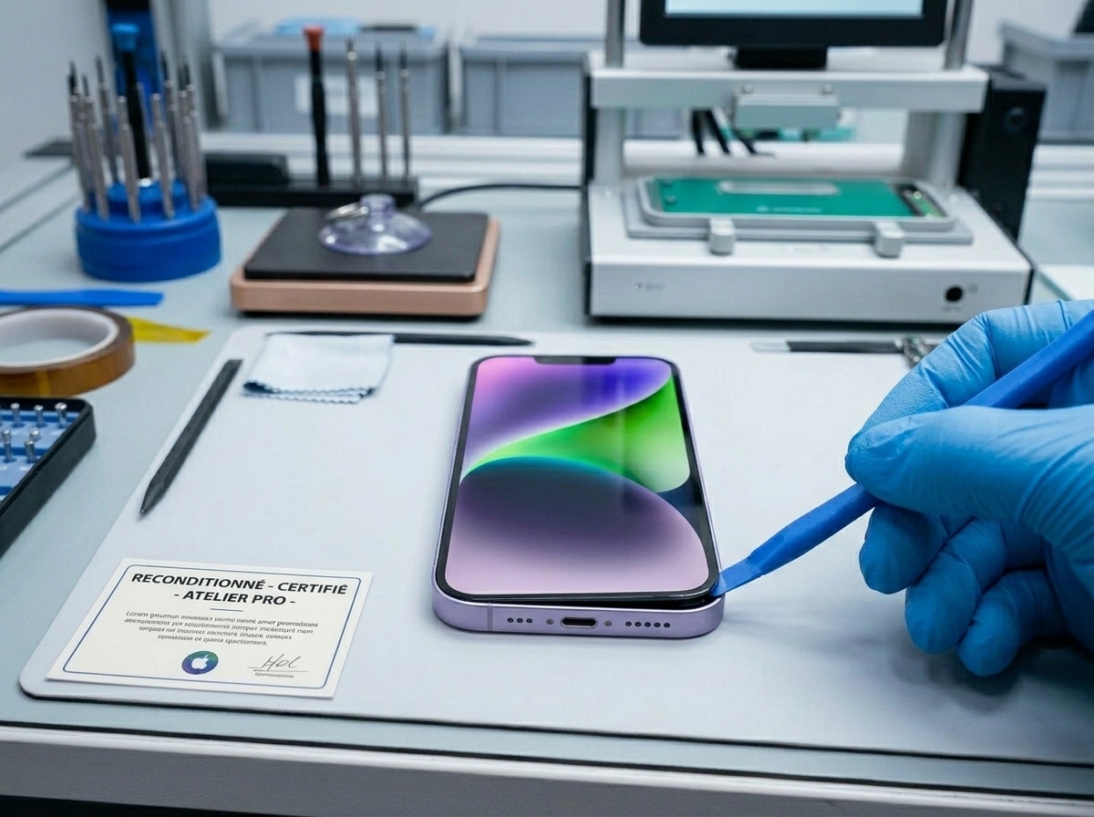Technicien utilisant un outil en plastique pour ouvrir un iPhone 14 dans un atelier de reconditionnement.