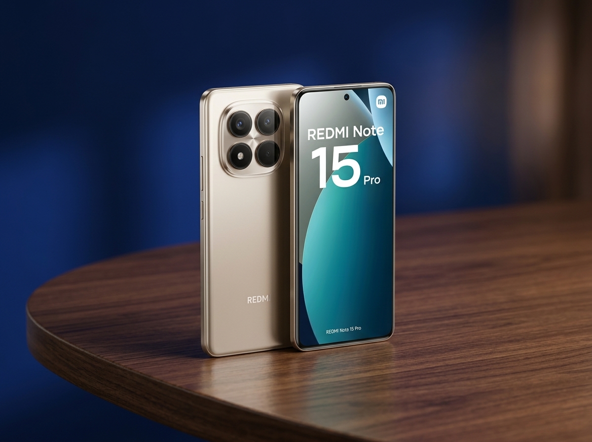 Un smartphone Redmi Note 15 Pro posé sur une table en bois, éclairage studio, photographie de produit.