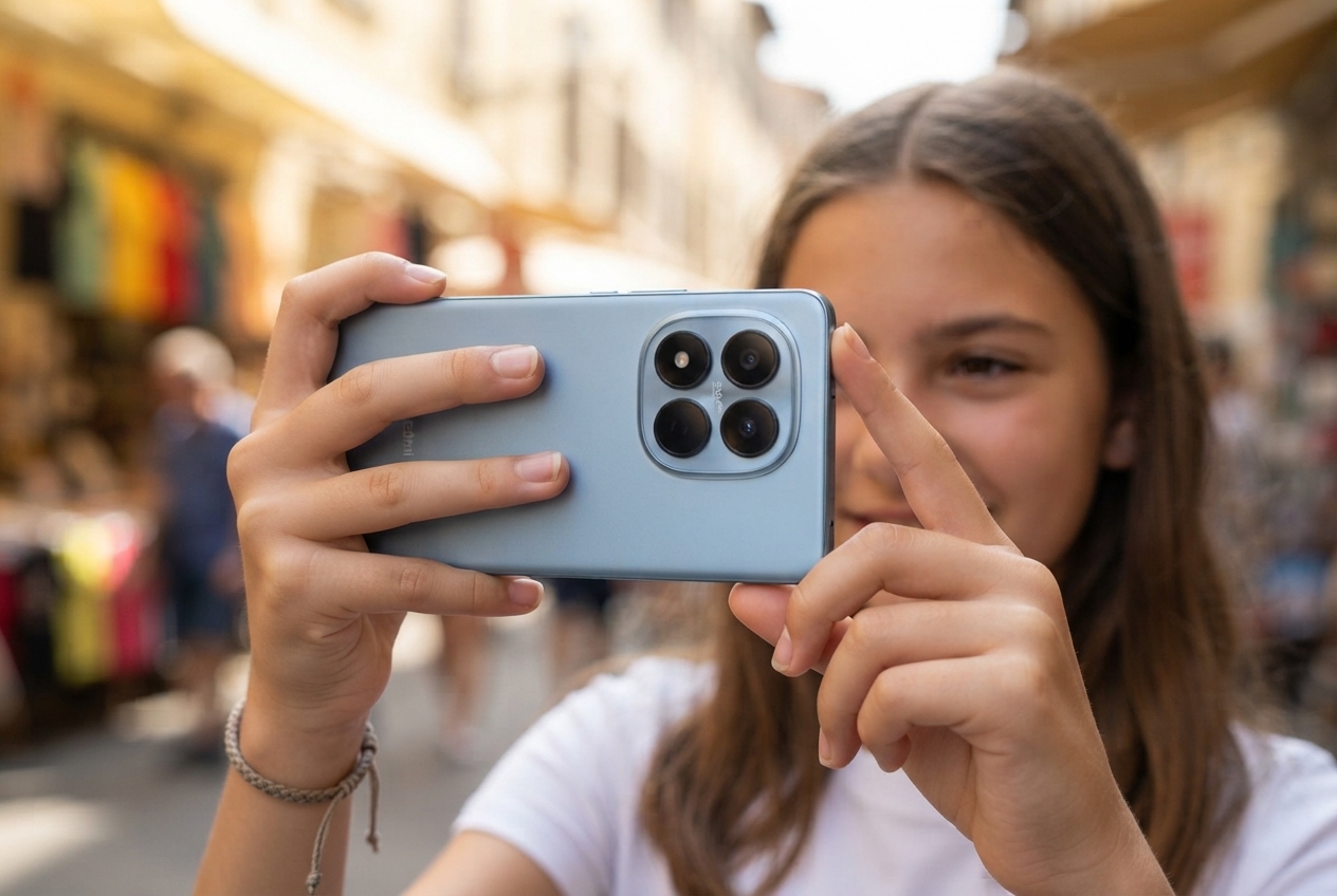 Une jeune fille tient un smartphone Redmi Note 15 Pro pour prendre une photo.