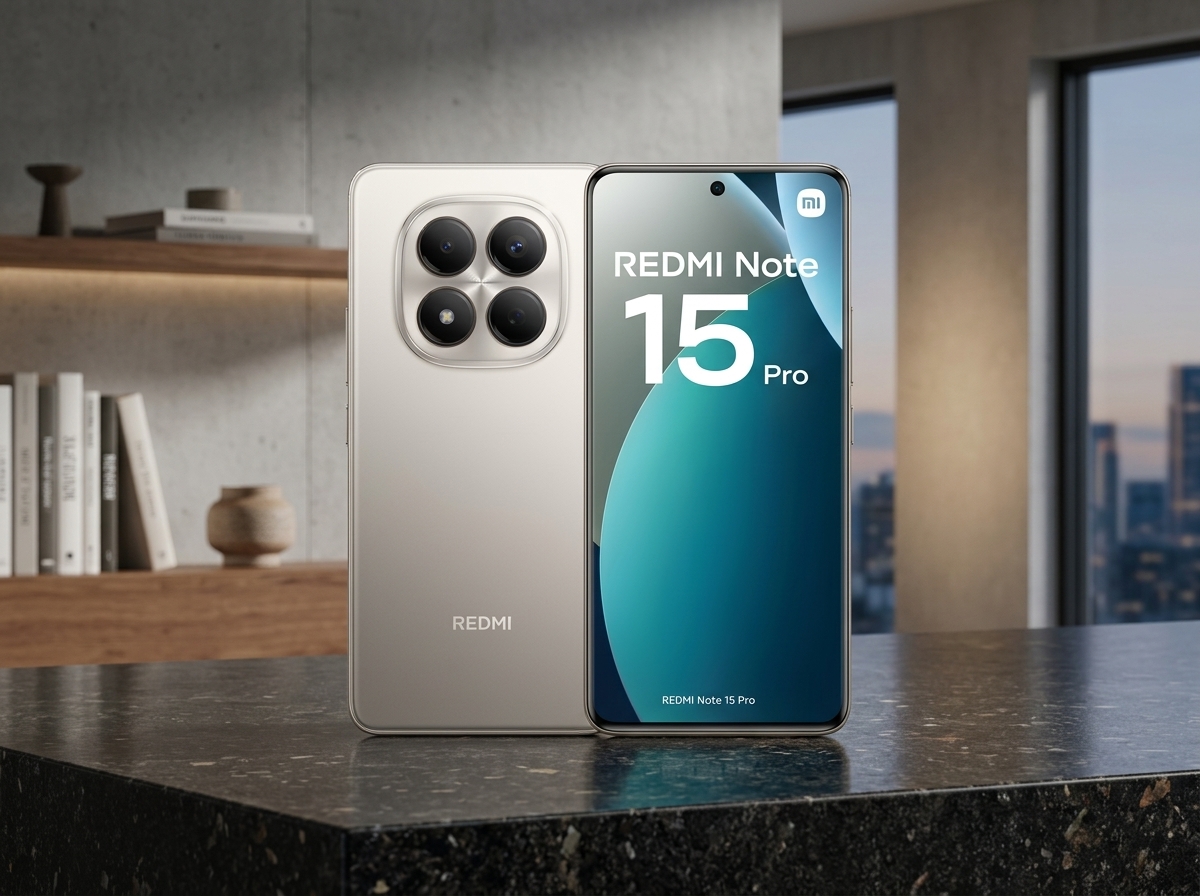 Un smartphone Redmi Note 15 Pro posé sur une table.
