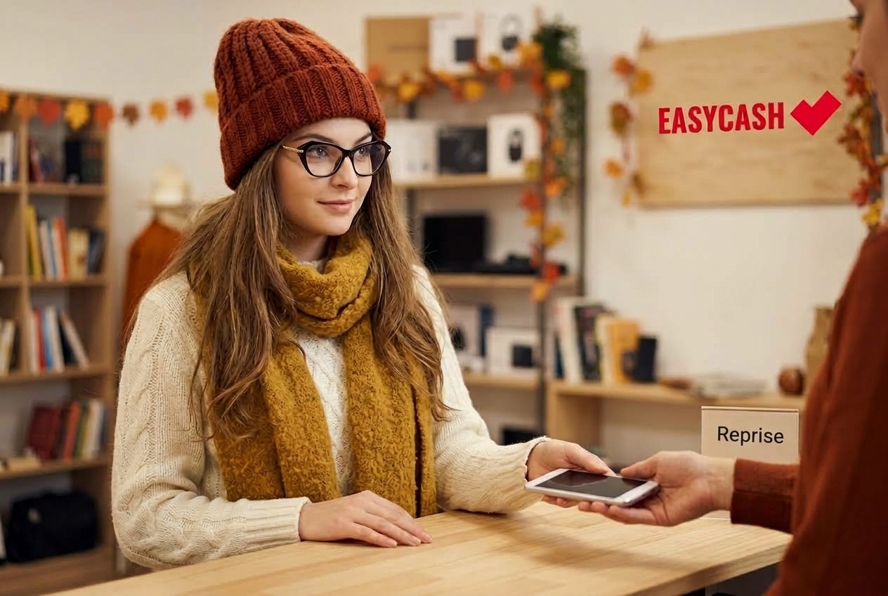 Une cliente en tenue d'automne remet son smartphone à un employé dans un magasin Easy Cash.
