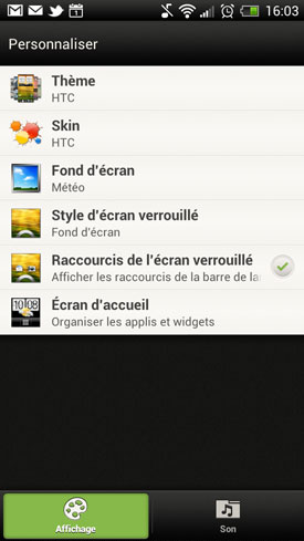 HTC One X : menu personnaliser