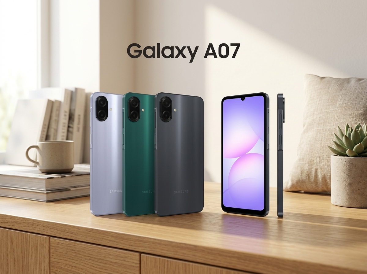 Un smartphone Samsung Galaxy A07 photographié sur une table en bois, éclairage naturel, style photographie produit.