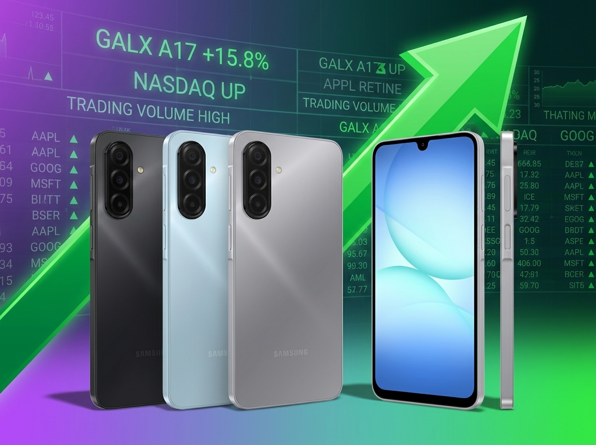 Trois smartphones Samsung Galaxy A17 devant un écran boursier affichant une flèche verte ascendante.
