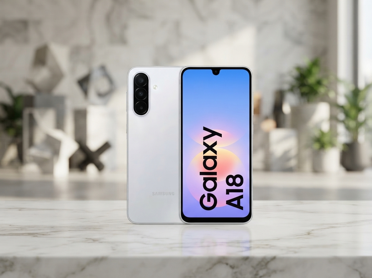 Smartphone Samsung Galaxy A18 blanc posé sur une table en marbre devant un fond flou.