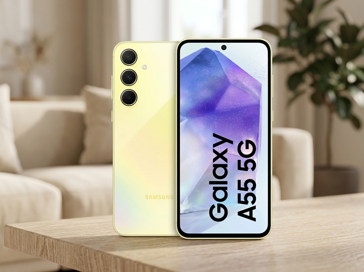 Smartphone Samsung Galaxy A55 5G jaune posé sur une table avec un fond uni.