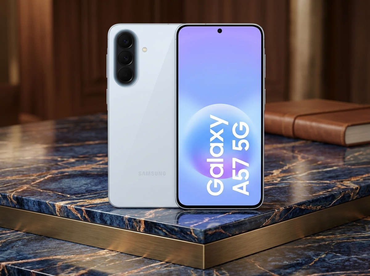 Smartphone Samsung Galaxy A57 5G posé sur une table en marbre.