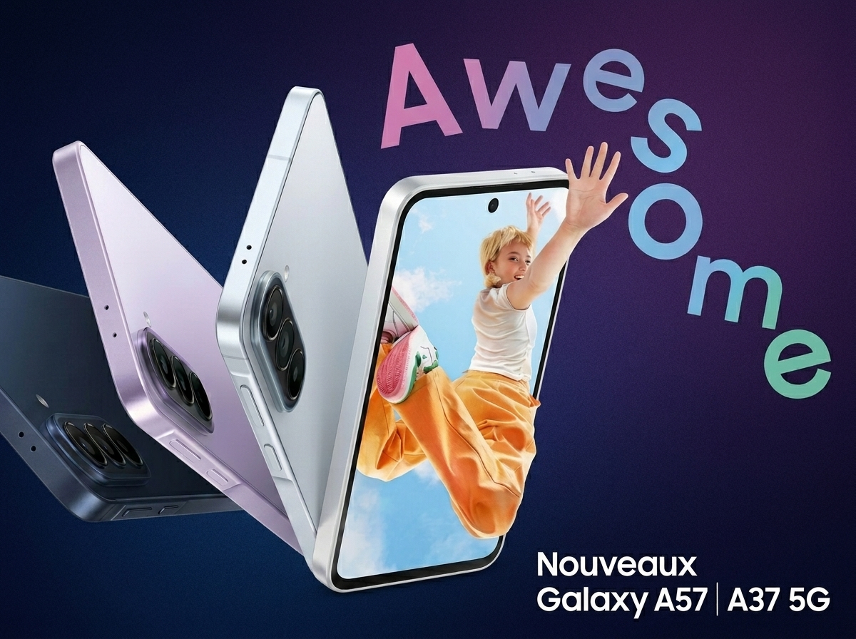 Trois smartphones Samsung Galaxy sur fond dégradé, éclairage studio, style publicitaire.