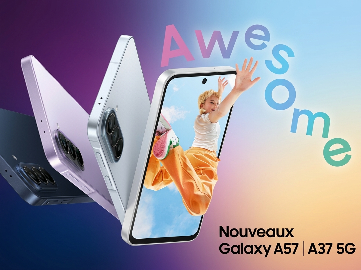 Trois smartphones Samsung Galaxy A57 et A37 5G présentés sur un fond dégradé avec le mot Awesome.