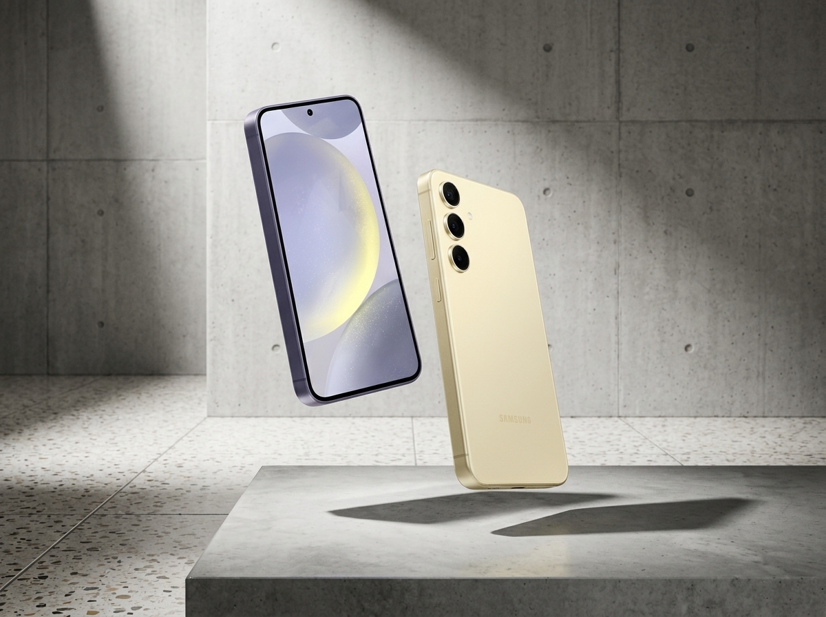 Deux smartphones Samsung en lévitation devant un mur en béton, éclairage latéral, photographie de produit.