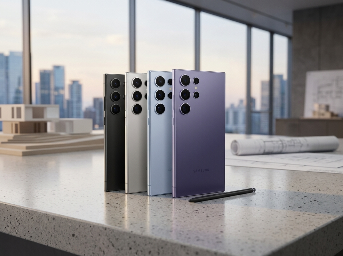 Quatre smartphones Samsung Galaxy S24 Ultra alignés sur un bureau, éclairage naturel, photographie de produit.