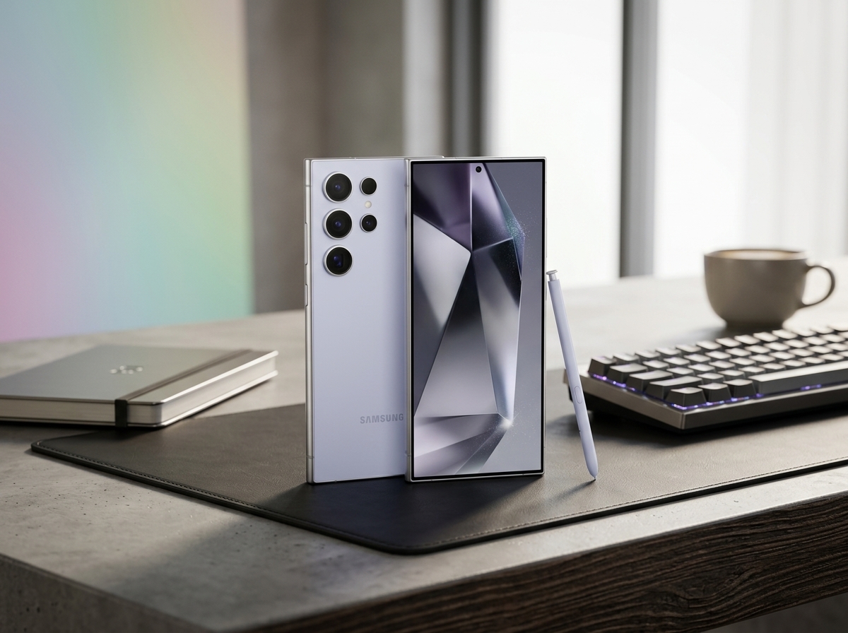 Un smartphone Samsung Galaxy S24 Ultra avec stylet sur un bureau, éclairage naturel, photographie de produit.