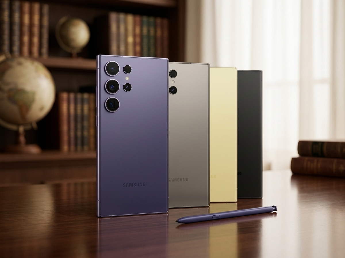 Quatre smartphones Samsung Galaxy S24 Ultra de couleurs différentes sur un bureau en bois, éclairage naturel, photo produit.