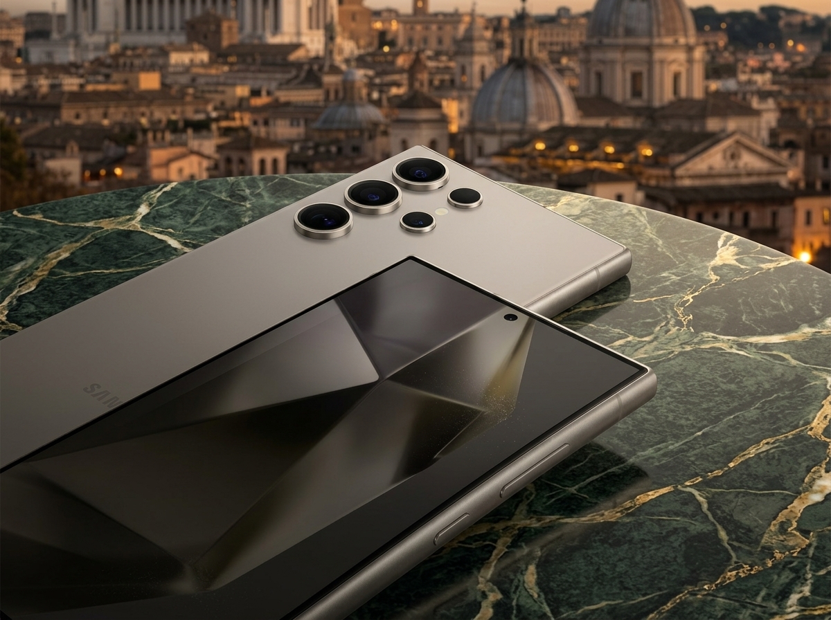 Smartphone Samsung Galaxy S24 Ultra posé sur une table en marbre vert avec une ville en arrière-plan.