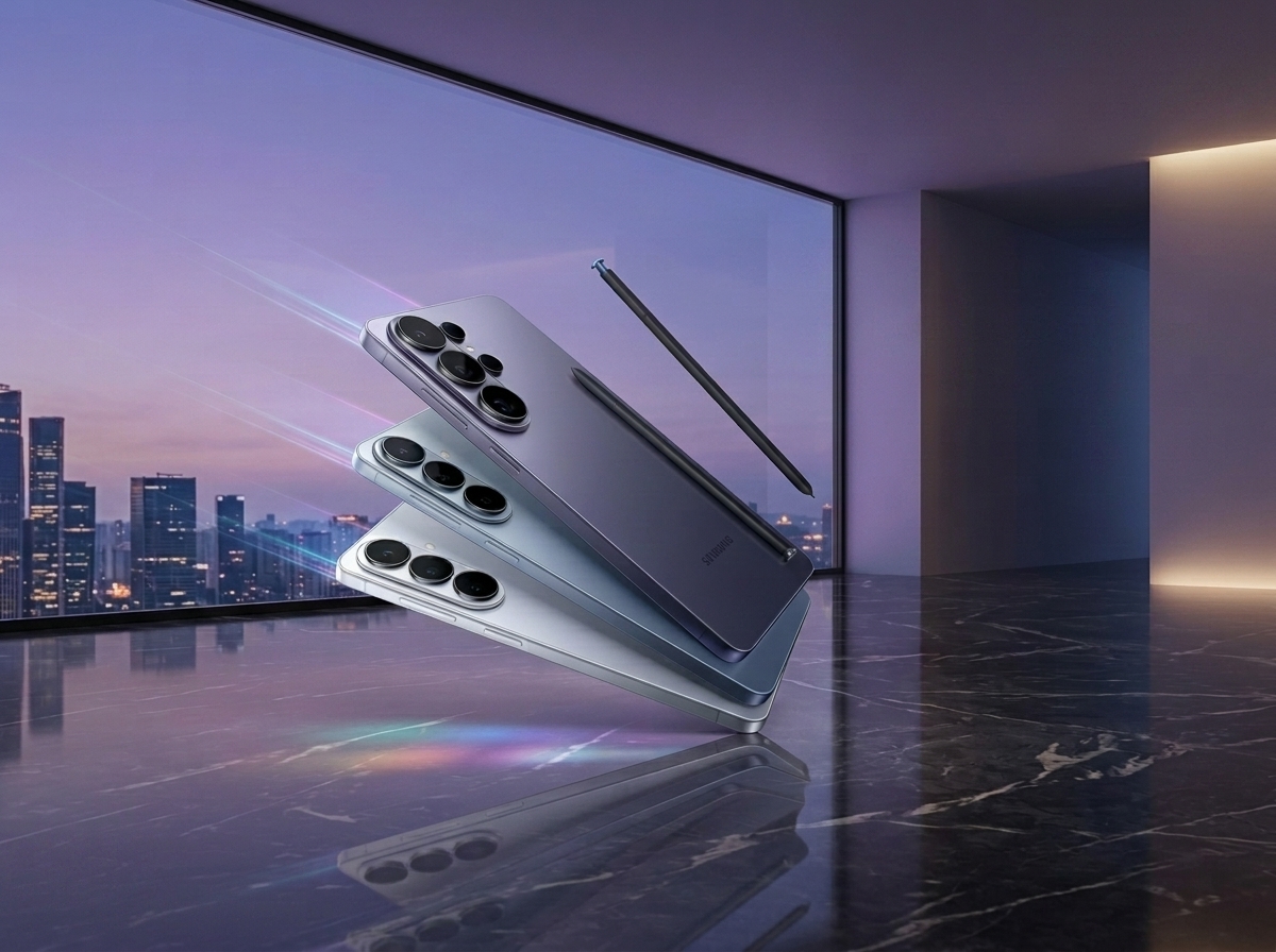 Trois smartphones Samsung avec stylet dans un intérieur face à une ville, éclairage studio, photographie publicitaire.