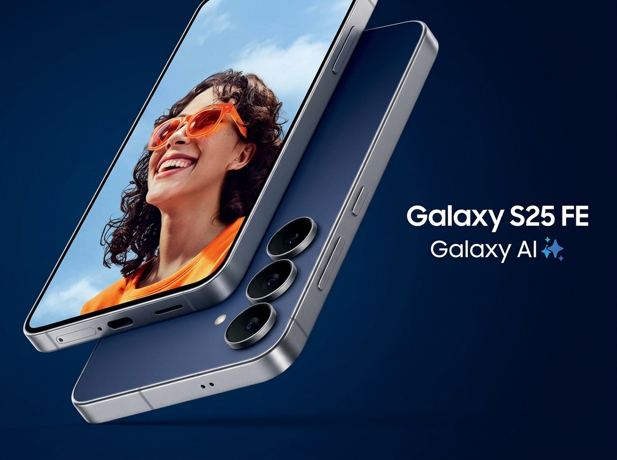 Smartphone Samsung Galaxy S25 FE avec écran affichant une personne et mention Galaxy AI sur fond bleu.
