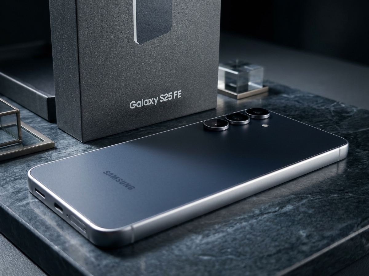 Un smartphone Samsung Galaxy S25 FE et sa boîte sur une surface en pierre, éclairage studio, photographie produit.