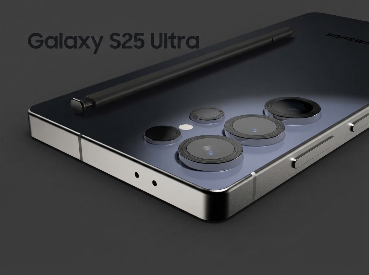 Smartphone Samsung Galaxy S25 Ultra avec stylet posé sur le dos de l'appareil.