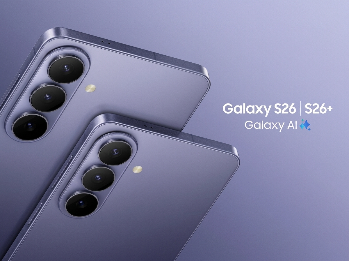 Deux smartphones Samsung Galaxy S26 et S26+ sur fond violet avec le texte Galaxy AI.