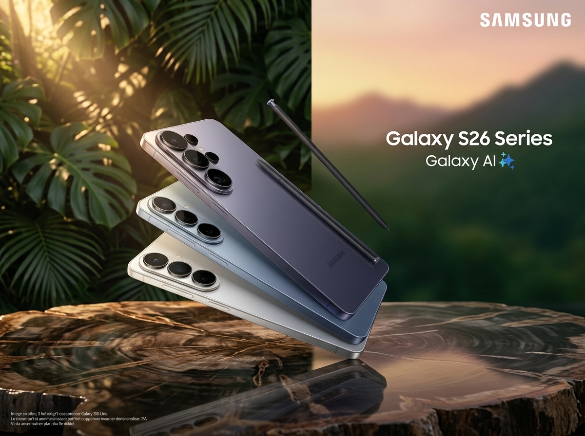 Trois smartphones Samsung Galaxy S26 empilés avec un stylet sur une souche d'arbre devant un paysage montagneux.